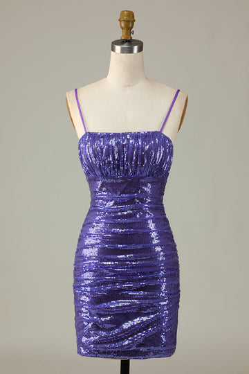 Sparkly Purple Sequins Spaghetti stropper Tight Short Homecoming Dress